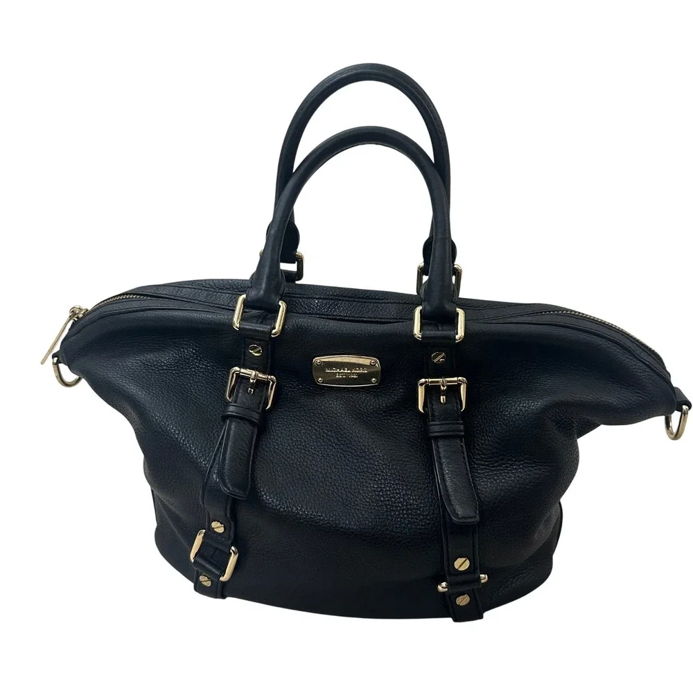 Michael Kors Black Pebbled Leather Satchel‎ Bag Gold Hardware Large Tote Handbag
